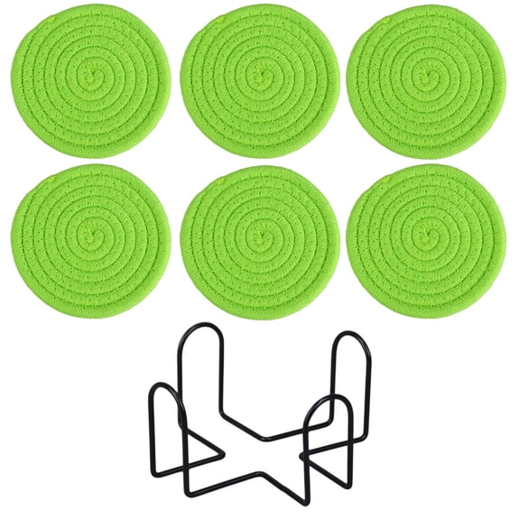Mint Green 6-Piece Round Woven Placemat Set With Non-Slip Design, Heat Resistant Cotton Material, Includes Storage Stand For Dining Table, Kitchen, Restaurant Use, 4.33In Diameter, 0.45Lb
