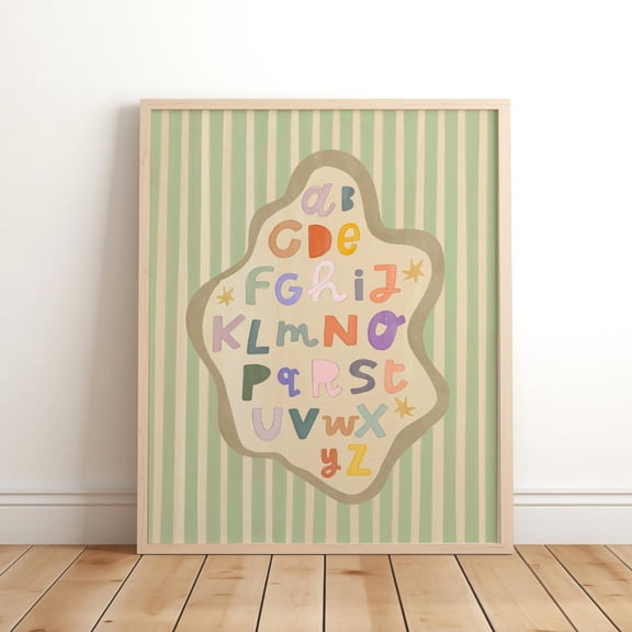 Mint Green A-Z Alphabet Nursery Print Striped Playful Room Wall Decor, Unframed Paper Print