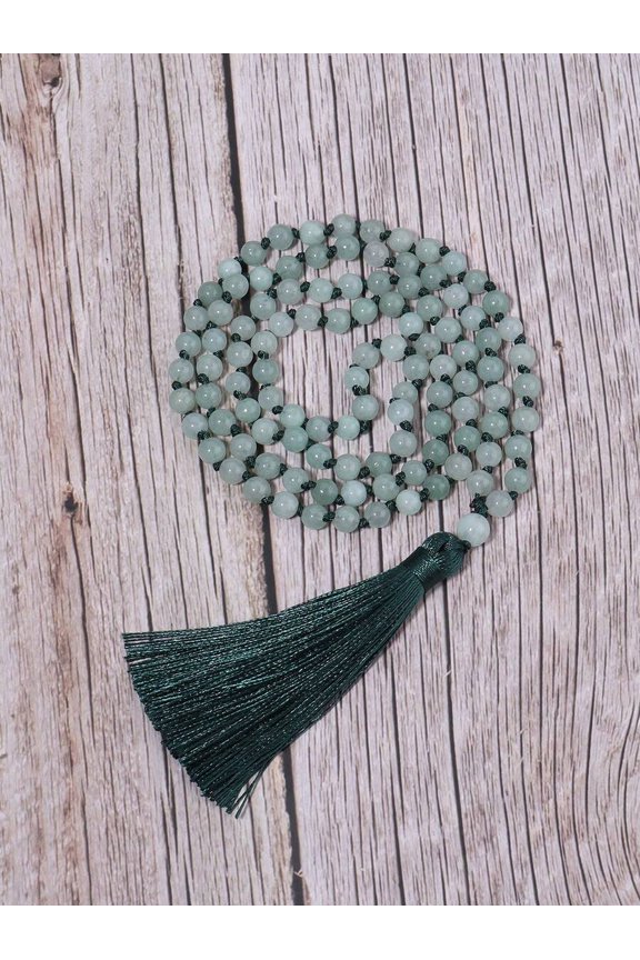 Mint Green Agate Beaded Tassel Long Boho Mala Necklace 108 Beads