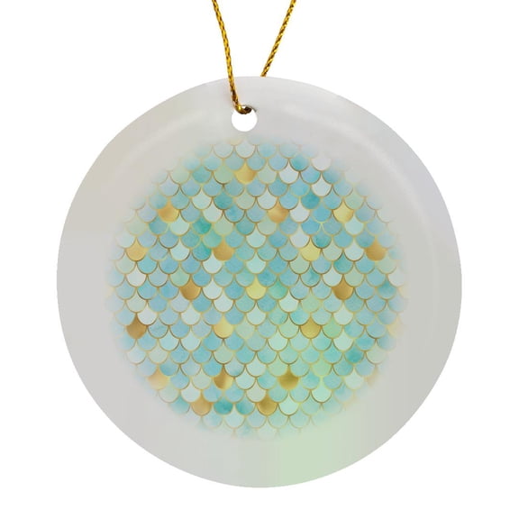3drose, Mint Green and Image of Gold Mermaid Scales Pattern, Circle Porcelain Ornament