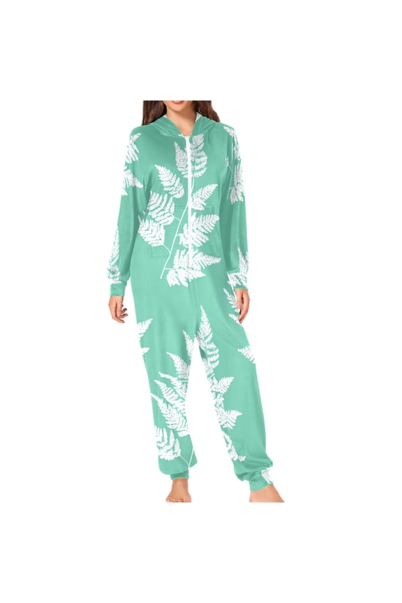 Mint Green Background White Fern Leaves Adult's Hoodie Onesie Jumpsuit One-Piece Pajamas with Zipper Unisex for Holiday M