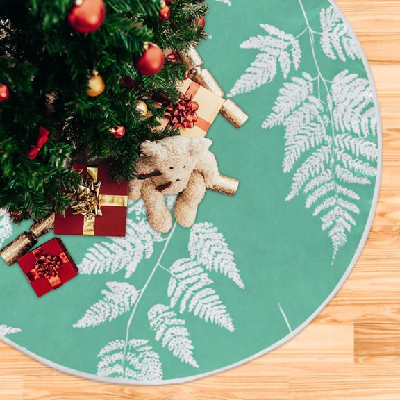 Mint Green Background White Fern Leaves Christmas Tree Skirt Opening Design Floor Protection Holiday Decor 47.2" Diameter M