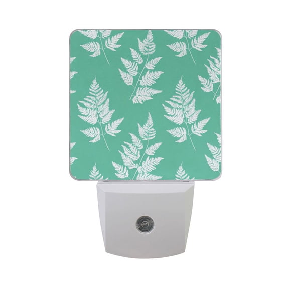 Mint Green Background White Fern Leaves LED Night Light Sensor Lamp Plug-in Adjustable Brightness 2 Pack