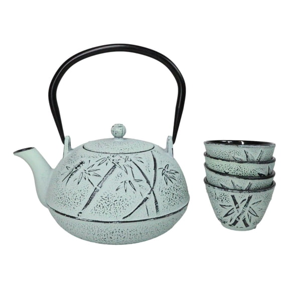 Mint Green Bamboo Design Tetsubin Cast Iron Teapot 40oz And 4 Tea Cups Set