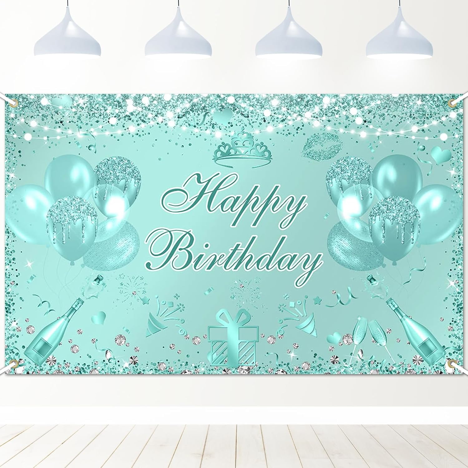 Mint Green Birthday Backdrop 5.9x3.6ft Teal Silver Birthday Banner for ...