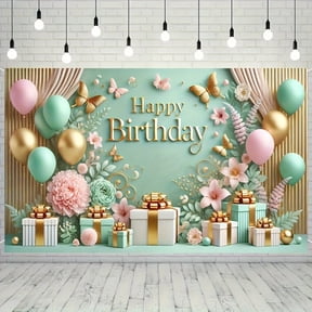 Mint Green Birthday Party Backdrop Golden Floral Photography Background for Kids Adults Colorful Balloon Theme Birthday Party Baby Shower Decorations Supplies