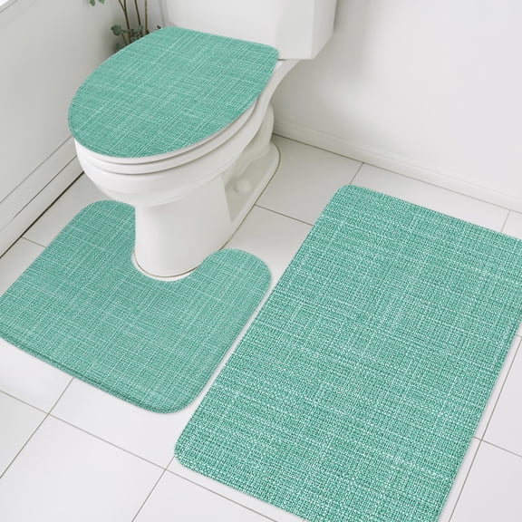 Mint Green Blue Solid Bathroom Rugs Set Minimalist Cloth Seafoam Green Linen Texture Non Slip Absorbent Soft Bath Mats 3 Piece Set with Bathroom Rug, U-Shaped Floor Mat, Toilet Seat Cover Large Size