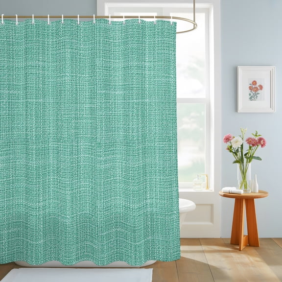 Mint Green Blue Solid Shower Curtain, Minimalist Cloth Seafoam Green Linen Texture Waterproof Washable Shower Curtain for Bathroom Bathtub Partition Bath Decoration Set with Hooks 36x72in