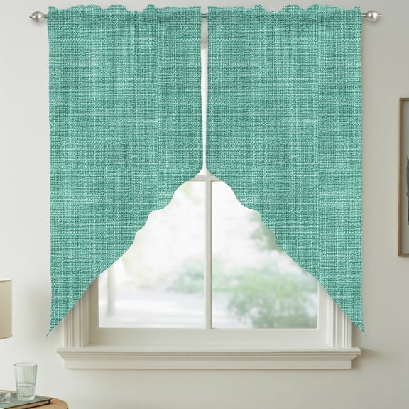 Mint Green Blue Solid Swag Kitchen Curtain Valances, Minimalist Cloth Seafoam Green Linen Texture Rod Pocket Curtains Window Treatment Decor Valances for Bedroom Bathroom, 2 Panels 36 x 63 Inch