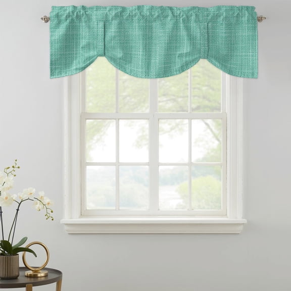 Mint Green Blue Solid Tie Up Valances Curtain, Minimalist Cloth Seafoam Green Linen Texture Kitchen Valances for Windows Decor, Rod Pocket Short Curtains Set for Bedroom/Bathroom, 42"x12"