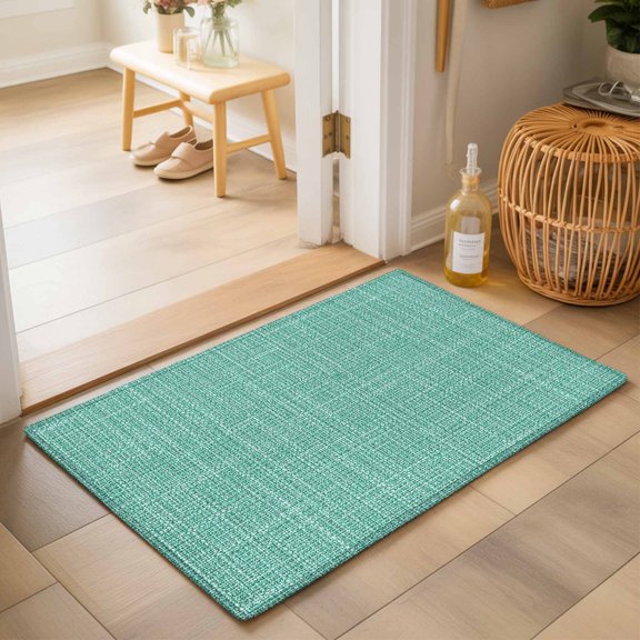 Mint Green Blue Solid Washable Small Entryway Area Rugs 2'x3', Minimalist Cloth Seafoam Green Linen Texture Washable Throw Rug Non-Slip Sturdy Edge Binding Carpet for Front Door Floor Room Entry
