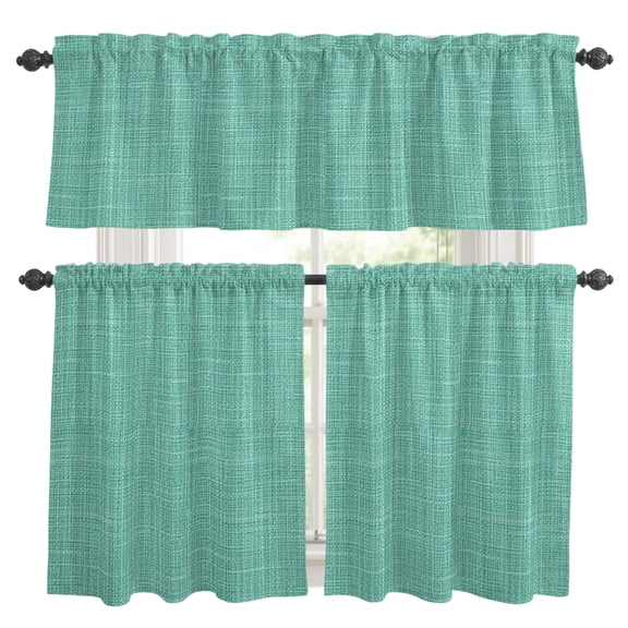 Mint Green Blue Solid Window Curtains Valance Set of 3 Minimalist Cloth Seafoam Green Linen Texture Rod Pocket Small Kitchen Curtain, Soft Window Treatment for Bedroom Party Holiday Decor