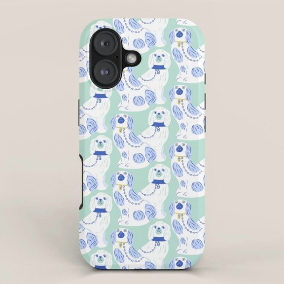 Mint Green, Blue and White Ceramic Spaniel Pattern Tough iPhone Case, Dual-Layer Polycarbonate and TPU