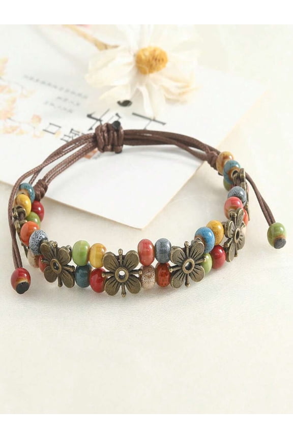 Mint Green Bohemian Floral Beaded Wrap Bracelet With Ceramic Beads &
