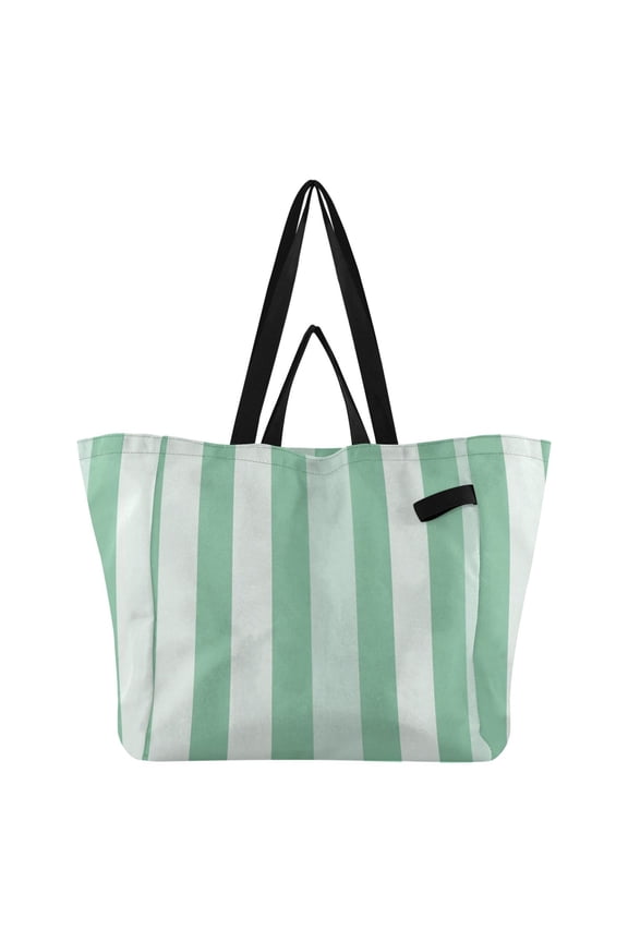 Mint Green Broad Stripes Foldable Canvas Tote Bags Reusable Grocery Bags Laundry Bags Beach Bag 32L