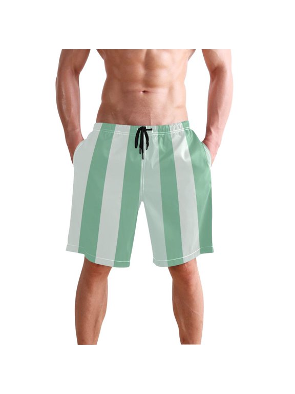 Mint Green Broad Stripes Men's Swim Trunks Beach Shorts Bathing Bottoms XXL