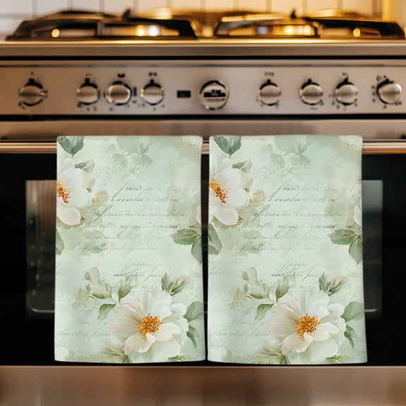 Mint Green Camellia Kitchen Towels Set of 1, Watercolor Botanical Flowers Leaves Spring Absorbent Dish Towels for Kitchen, Microfiber Hand Towel, Quick Drying Tea Towel for Cleaning Dishcloths