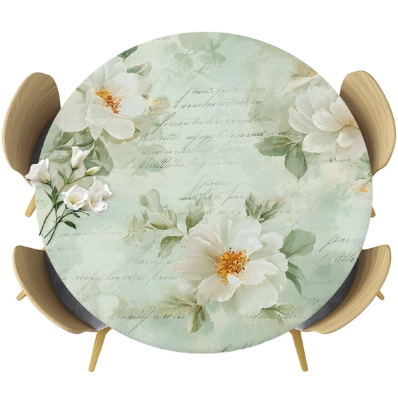 Mint Green Camellia Round Tablecloth 36-44 Inch Round Fitted Table Cloth with Elastic Edge, Watercolor Botanical Flowers Leaves Spring Waterproof Table Cover Protector for Outdoor Picnic Party Dining