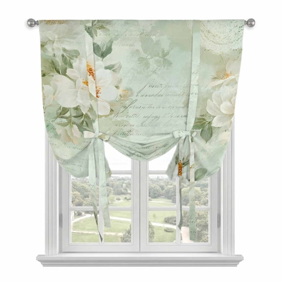 Mint Green Camellia Tie Up Curtains for Window, Insulated Balloon Shade Adjustable Rod Pocket Curtains Valance Panels for Kitchen Bathroom Cafe 46 x 63 Watercolor Botanical Flowers Leaves Spring