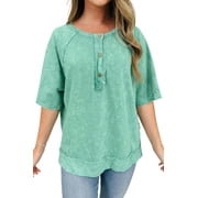 Mint Green Casual T-Shirt for Women   Three Quarter Length Raglan Sleeve with Raw Seam Detail, L