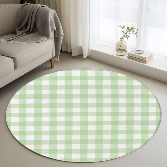 Mint Green Checks 4FT Round Area Rugs Gingham Plaid Abstract Modern Minimalist Soft Small Round Rug Non-Slip, Ultra-Thin Indoor Circle Carpet for Bedroom Entryway Kitchen Bathroom