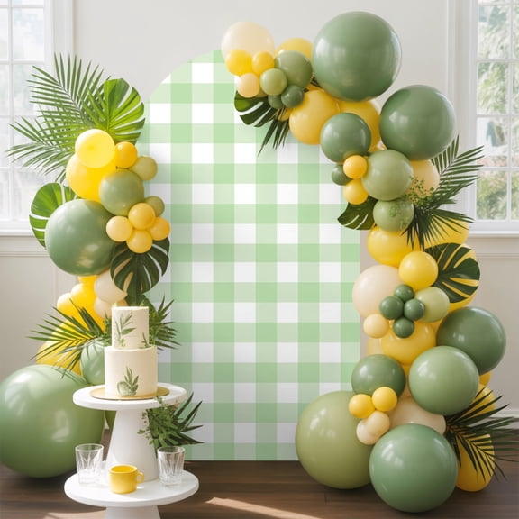 Mint Green Checks Arch Backdrop Cover, 4FT, Gingham Plaid Abstract Modern Minimalist Spandex Arch Covers Double-Sided Backdrop for Wedding Birthday Party Photo Background Decoration