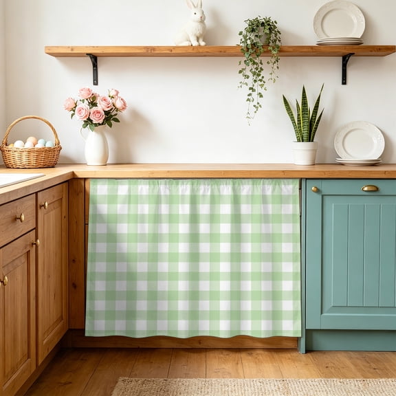 Mint Green Checks Cabinet Curtains 10" W x 11" L Gingham Plaid Abstract Modern Minimalist Waterproof Adhesive Kitchen Under Sink Curtain Dust-Proof Dishwasher Skirt for Closet