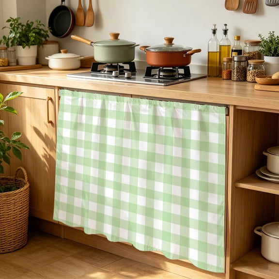 Mint Green Checks Cabinet Curtains for Kitchen 35"W x 35"L, Gingham Plaid Abstract Modern Minimalist Laundry Sink Cabinets Magic Tape Short Curtain Privacy Panel for Bathroom Vanity Cabinets