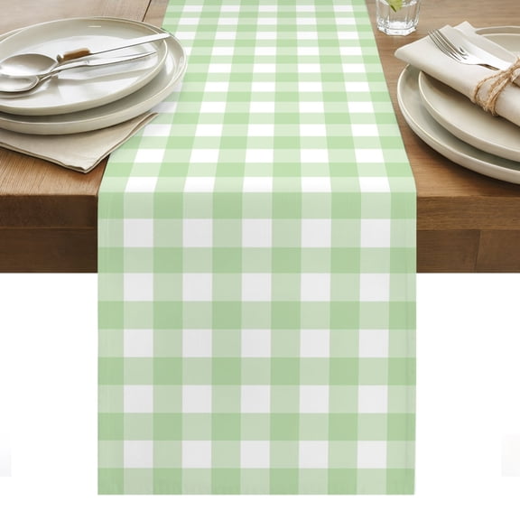 Mint Green Checks Cotton Linen Table Runner Gingham Plaid Abstract Modern Minimalist Dining Table Runners for Home Decor Party Dining Room Restaurant Kitchen Party 13" x 108"