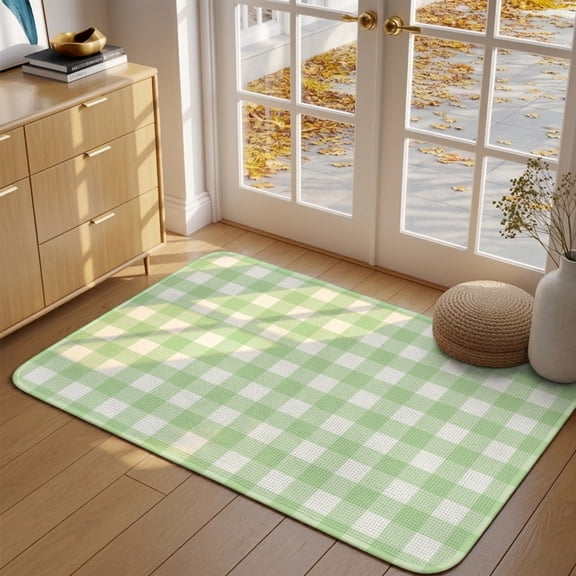 Mint Green Checks Front Door Mat Indoor Entrance, Gingham Plaid Abstract Modern Minimalist Absorbent Dirt Resist Welcome Mats Non-Slip Low-Profile Doormat Washable Entry Rug Indoor Outdoor 17x30 Inch