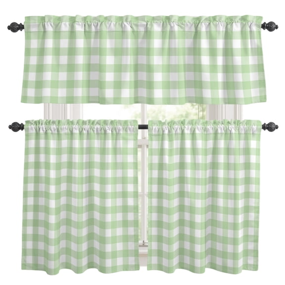Mint Green Checks Kitchen Curtains and Valances Set, Gingham Plaid Abstract Modern Minimalist Rod Pocket Window Valance Window Curtain Panels for Living Room Bedroom Laundry, 27.5x24in, 3 Pieces