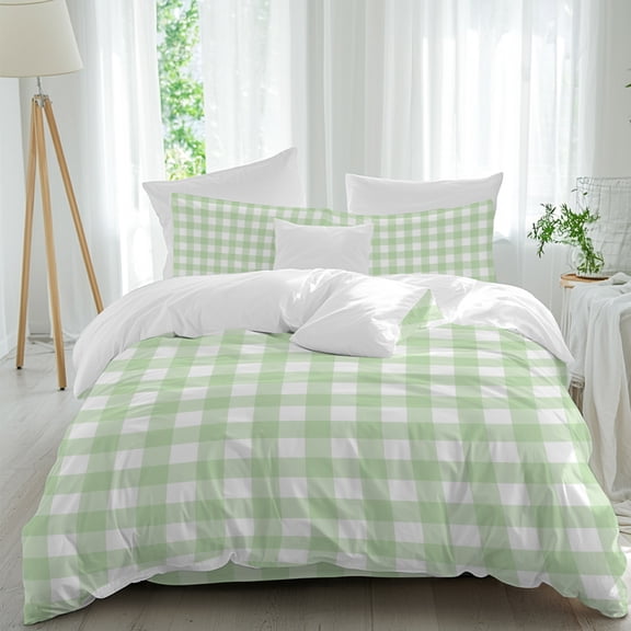 Mint Green Checks Queen Duvet Cover Set, Gingham Plaid Abstract Modern Minimalist 4 Piece Microfiber Bedding Set with Zipper Closure, Bed Sheet and 2 Pillow Shams, Soft Bedding Cover