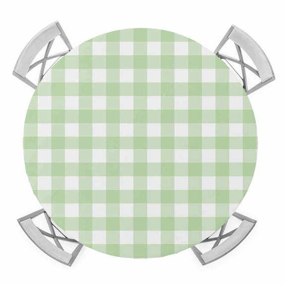 Mint Green Checks Round Fitted Tablecloth with Elastic Edge, Gingham Plaid Abstract Modern Minimalist Table Cover Fit for 36"-44" Tables Waterproof Tablecloths for Dinner Camping Picnic