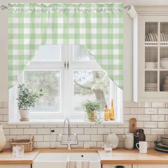 Mint Green Checks Swag Curtain Valance for Windows, Gingham Plaid Abstract Modern Minimalist Swag Curtains Drapes Rod Pocket for Kitchen Bathroom Small Window, 1 Panel 56x36in