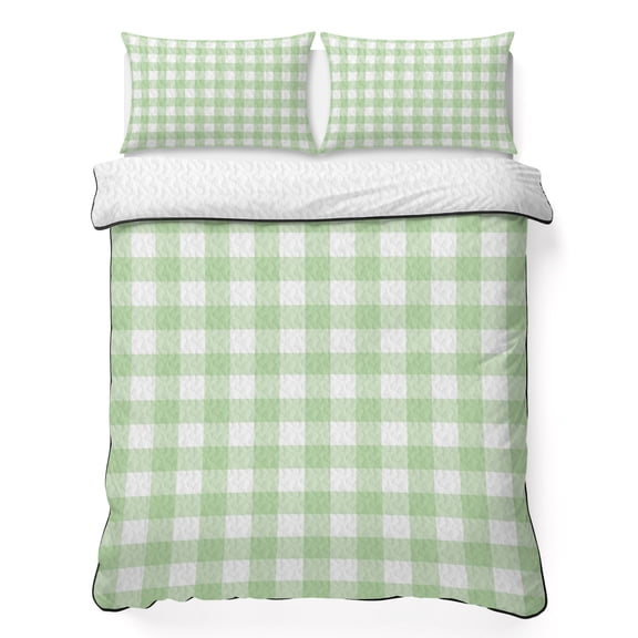 Mint Green Checks Twin Quilt Bedding Set, Gingham Plaid Abstract Modern Minimalist Lightweight Comforter with 2 Pillow Shams Bedroom Bedspread Set Home Decor for All Seasons