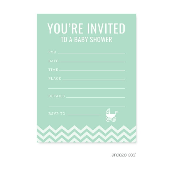 Koyal Wholesale Mint Green Chevron Gender Neutral Baby Shower Paper Invitations, Blank Cards with Envelopes, 20-Pack