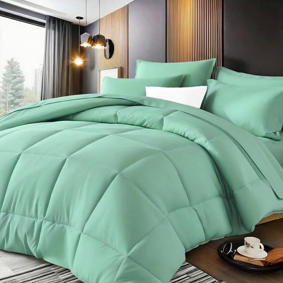 Mint Green Comforter Set, Twin, 2 Piece with Pillow Shams, Polyester, All Season, Modern Contemporary Style