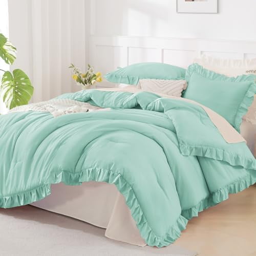 Mint Green Comforters Queen Size, 3 Pieces Solid Shabby Chic Farmhouse Bedding Comforters & Sets, Lightweight Fluffy All Season Soft Down Alternative Bed Set for Women Men