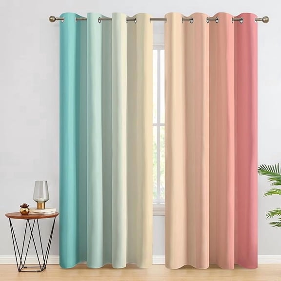 Mint Green Coral Gradient Curtains for Bedroom Decor, Colorful Striped Pattern Design Blackout Drapes, Beige Peach Ombre Curtains for Living Room 53"W x 84"L (Pack of 2)