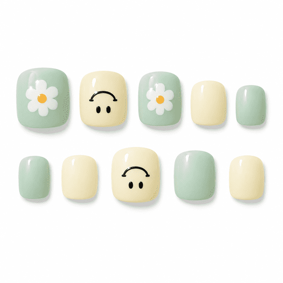 Mint Green Cream Floral Press on Toenails, Short Square Glossy Fake Toenails, 24 Count