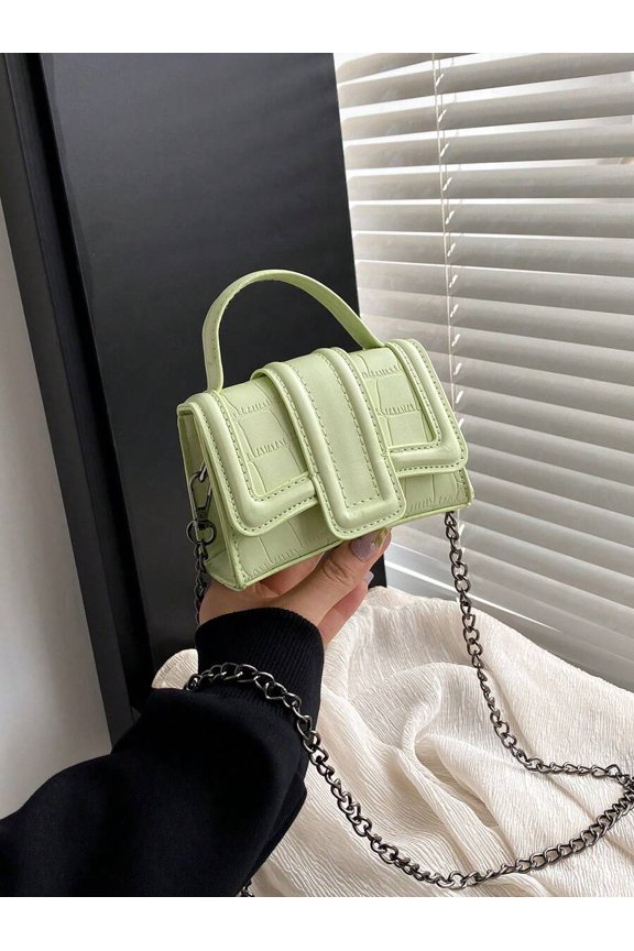 Mint Green Crocodile-Embossed Mini Top Handle Handbag With Chain Strap