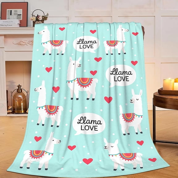 Mint Green Cute Llama Love Pattern Throw Blanket Soft Plush for Home