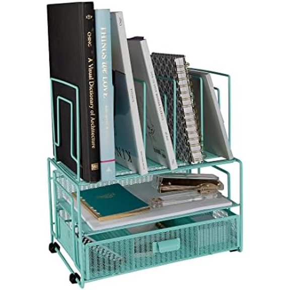 Mint Green Desk Organizer With File Sorters and Drawer | Metal Mesh Desktop Storage for Office Supplies, Papers, Devices and Folders | 9.3”D x 12.5”W x 14”H All-In-One Workspace Holder