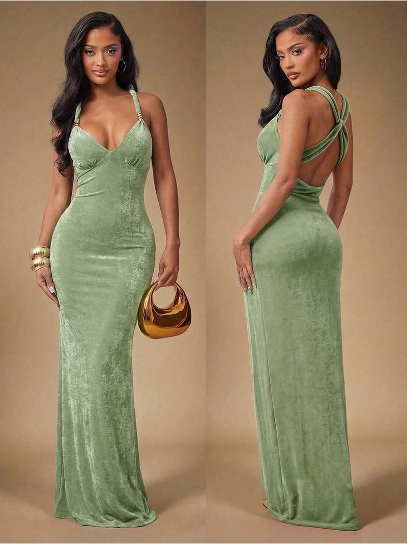 Mint Green Elegant Fitted Velvet Slip Maxi Dress With Sweetheart Neck And Open Back For Formal Evening Events