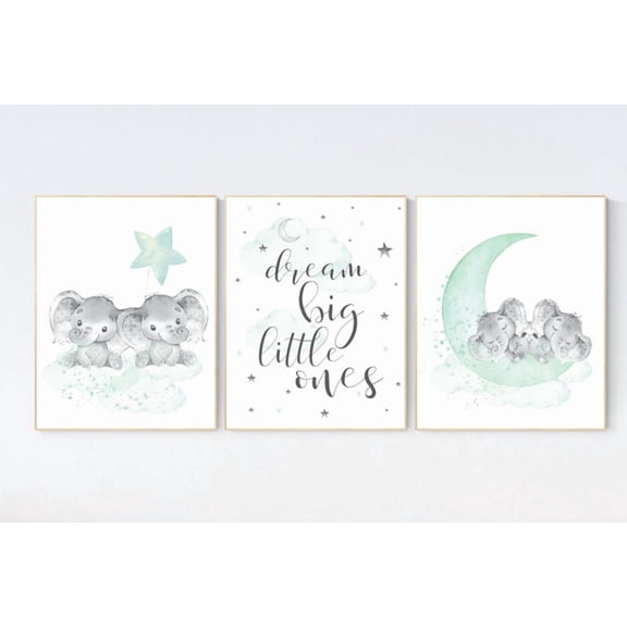 Mint Green Elephant Nursery Poster Prints Moon and Stars Baby Room Decor for Twins Set 3