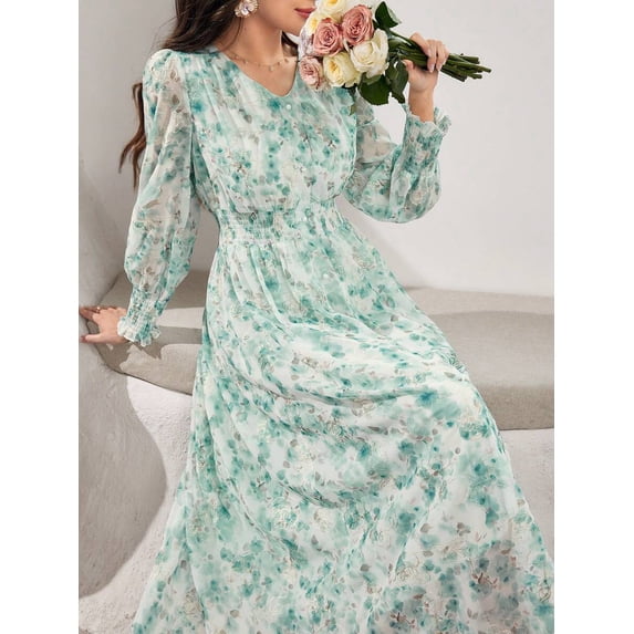 Mint Green Embroidered Floral V-Neck Long Sleeve Maxi Dress For Women