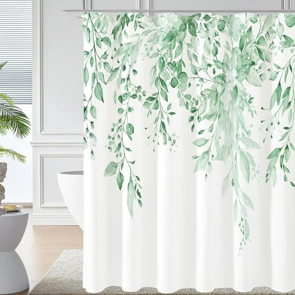 Mint Green Eucalyptus Shower Curtain, Watercolor Plant Leaves with Floral Bathroom Shower Curtain Set with Hooks, 72x72