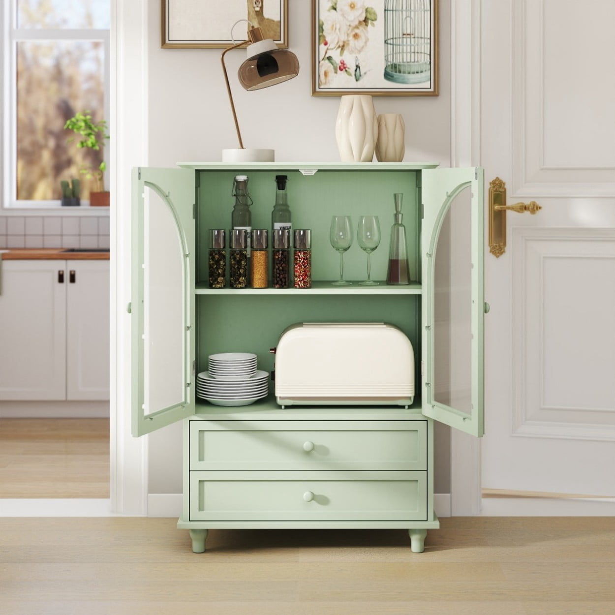 Mint Green Farmhouse Storage Cabinet, Arched Glass Door Buffet Sideboard with 2 Drawers & Tiered Top, Kitchen Pantry Cabinet for Dining Living Room Coffee Bar