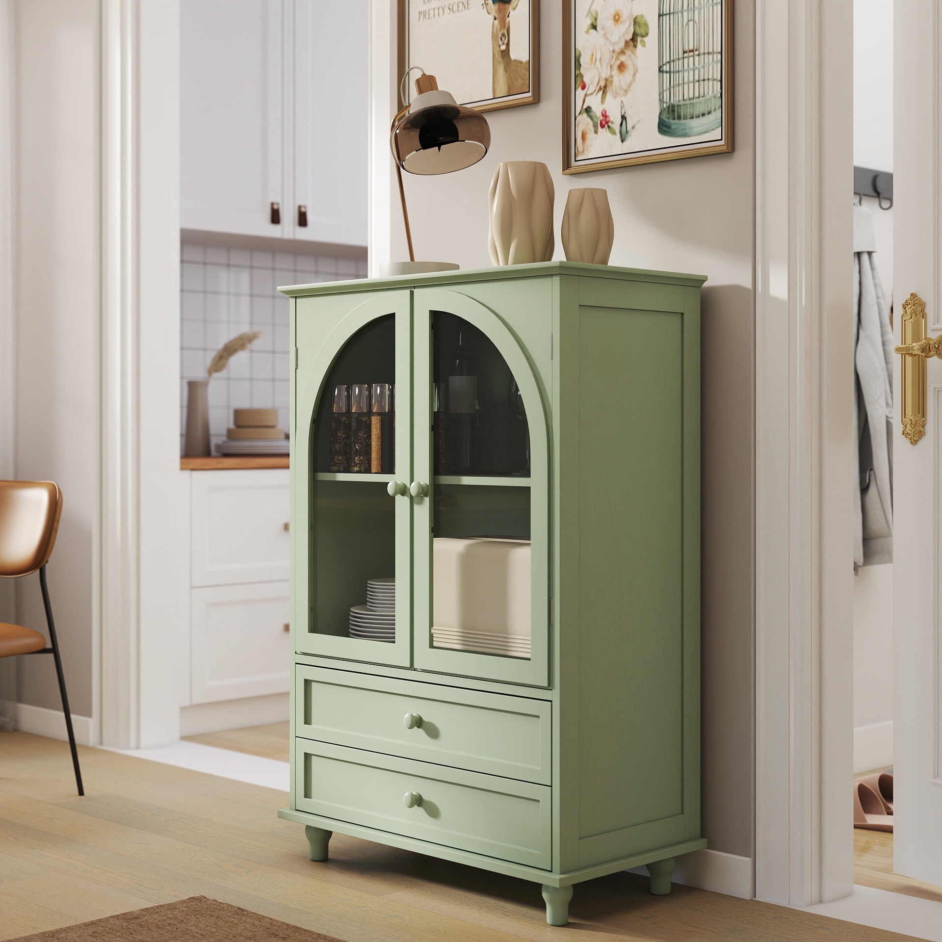 Mint Green Farmhouse Storage Cabinet, Arched Tempered Glass Door Buffet Sideboard with Tiered Top, 2 Drawers Pantry Cabinet for Kitchen Dining Living Room Entryway Coffee Bar