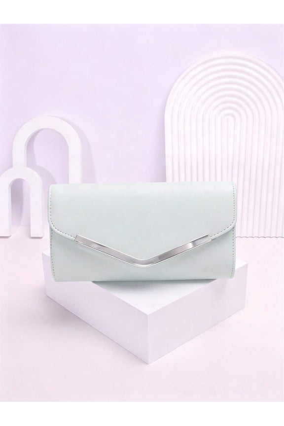 Mint Green Faux Leather Clutch Bag With Silver-Tone V-Shape Closure